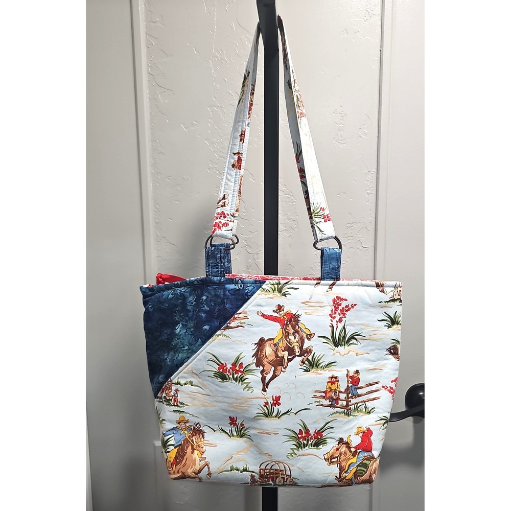 Handmade Western Cowboy Horse Print Tote Bag Fabric Denim Red Equestrian